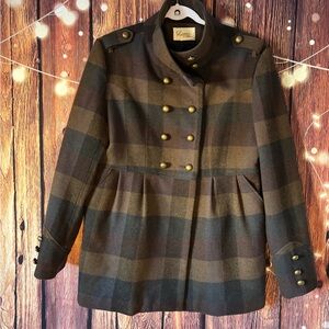 CoffeeShop Women's Brown Plaid Pea Wool Blend Coat